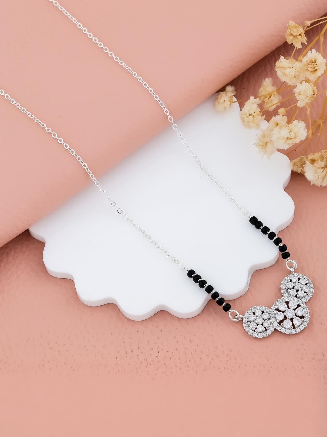 silver plated american diamond stone studed short mangalsutra