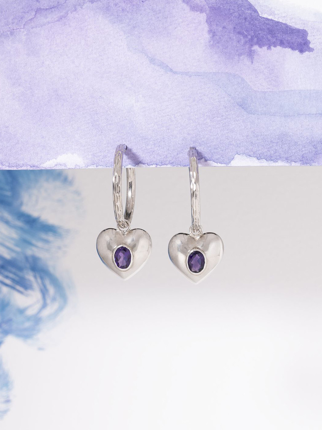 Stone Story By Shruti 925 Sterling Silver Rhodium-Plated Amethyst Heart Hoop Earrings