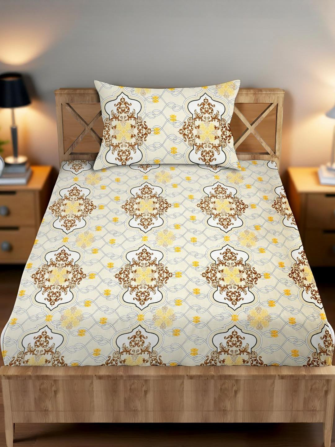 IVAZA Beige 160 TC Single Bedsheet with 1 Pillow Cover