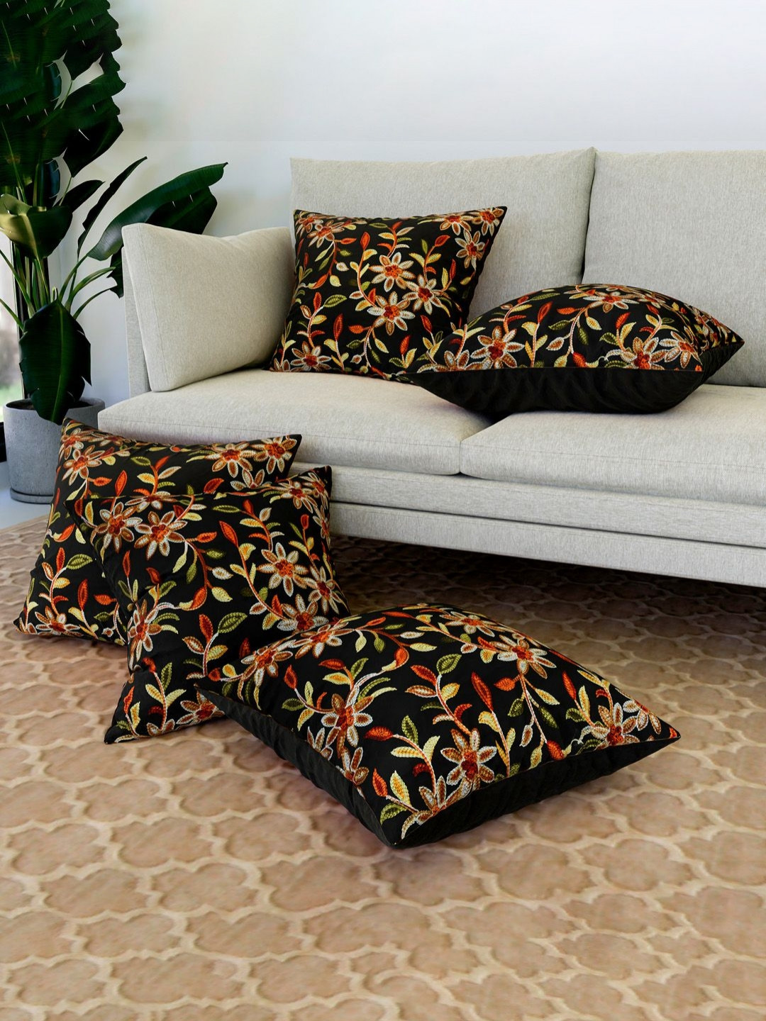 RUBOXA Black And Red 5 Pieces Floral Printed Square Cushion Covers