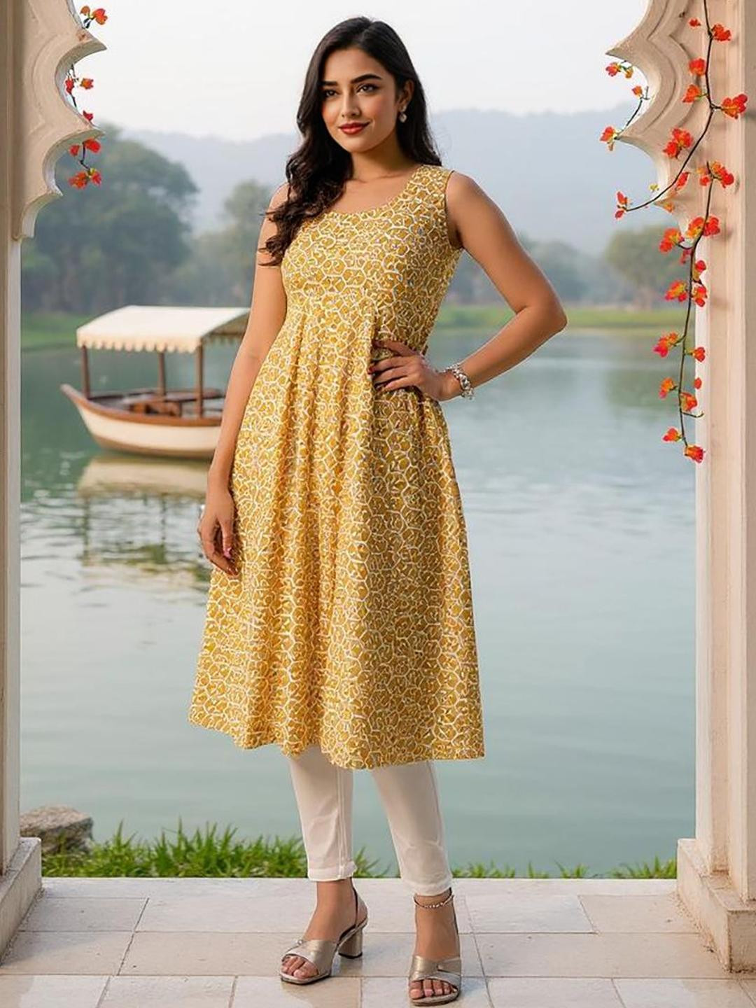 SZN Geometric Printed Cotton Tie-Ups At Back Anarkali Kurta