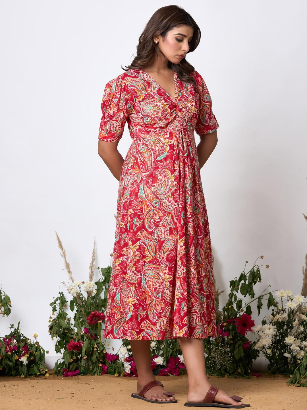 krambica aline Women Ethnic Printed Puff Sleeves Relax Fit Cotton Empire Midi Dress