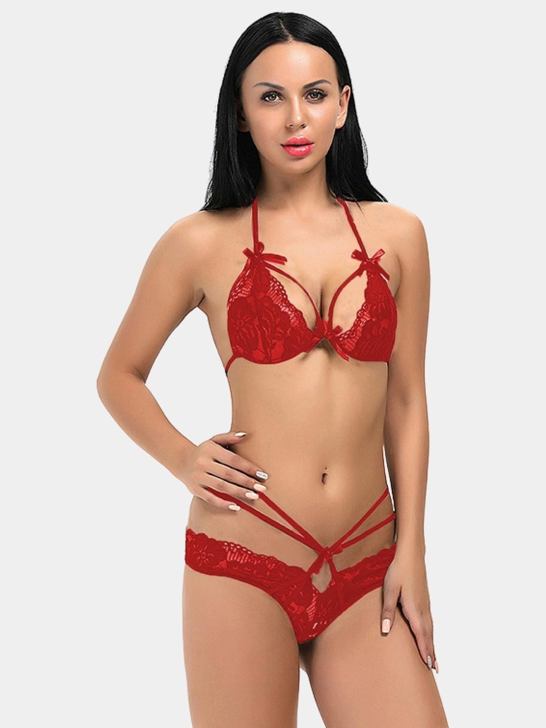 Ribald The Neech Women Red Nylon Floral Lace Bralette With Tie-Up Non Padded Lingerie Set