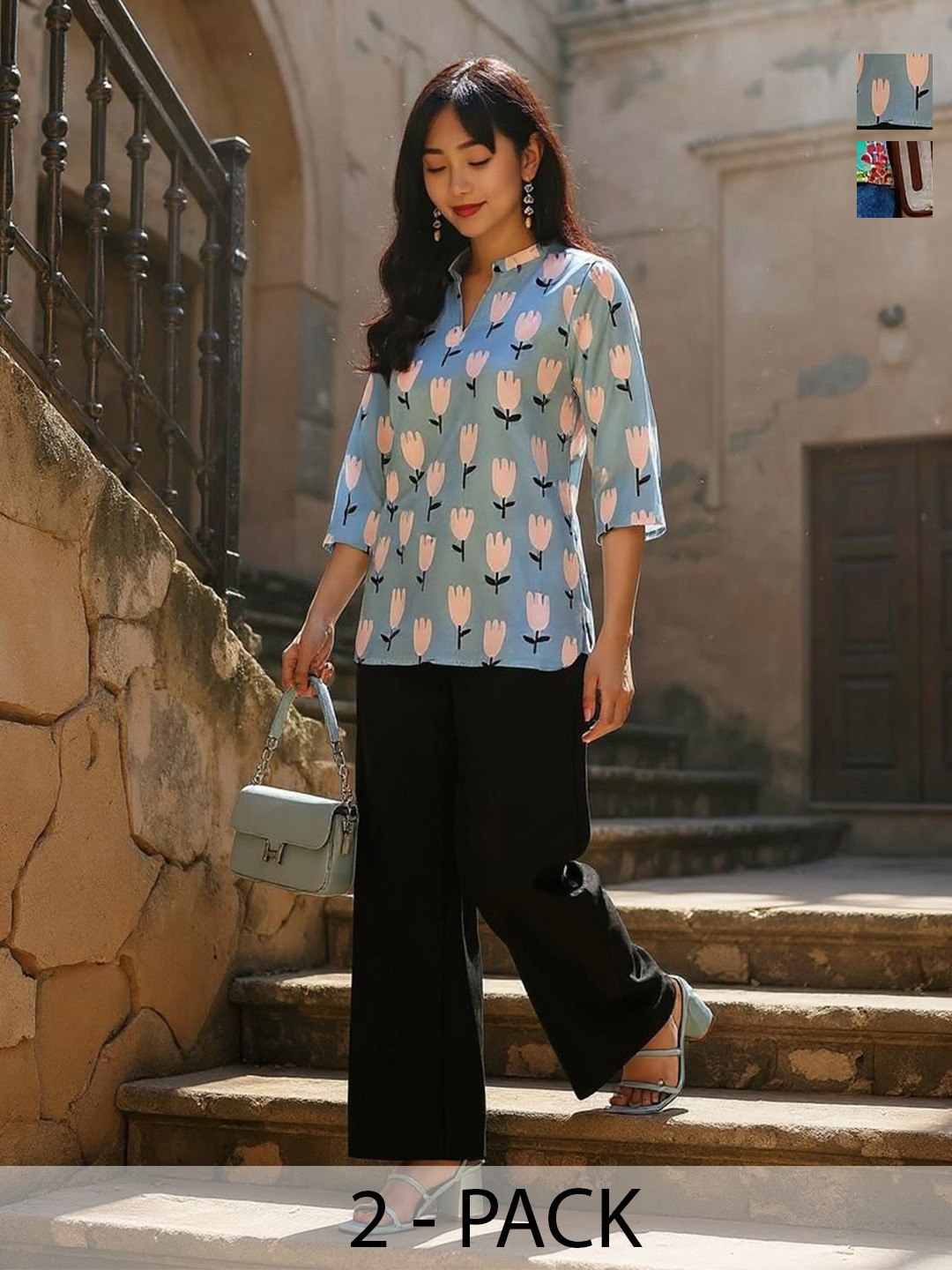 THE FAB FACTORY Pack Of 2 Printed Madrine Collar Tunic