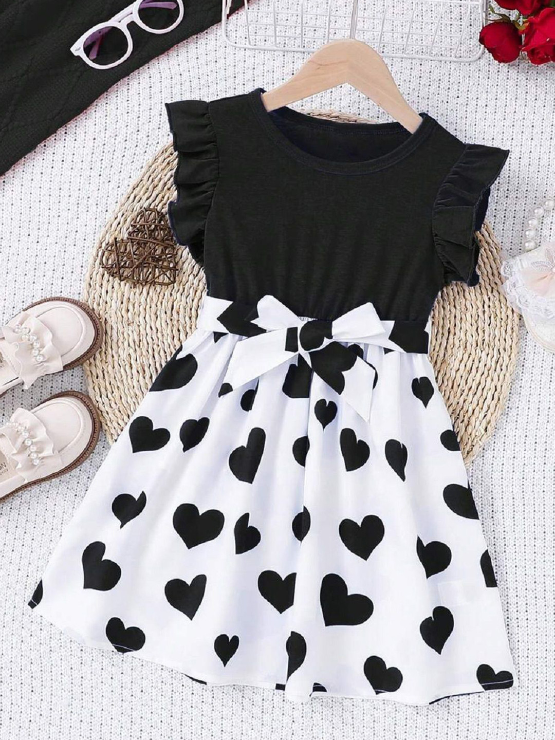 YK Girls Heart Printed Flutter Sleeve Monochrome Belted Detail Fit and Flare Dress