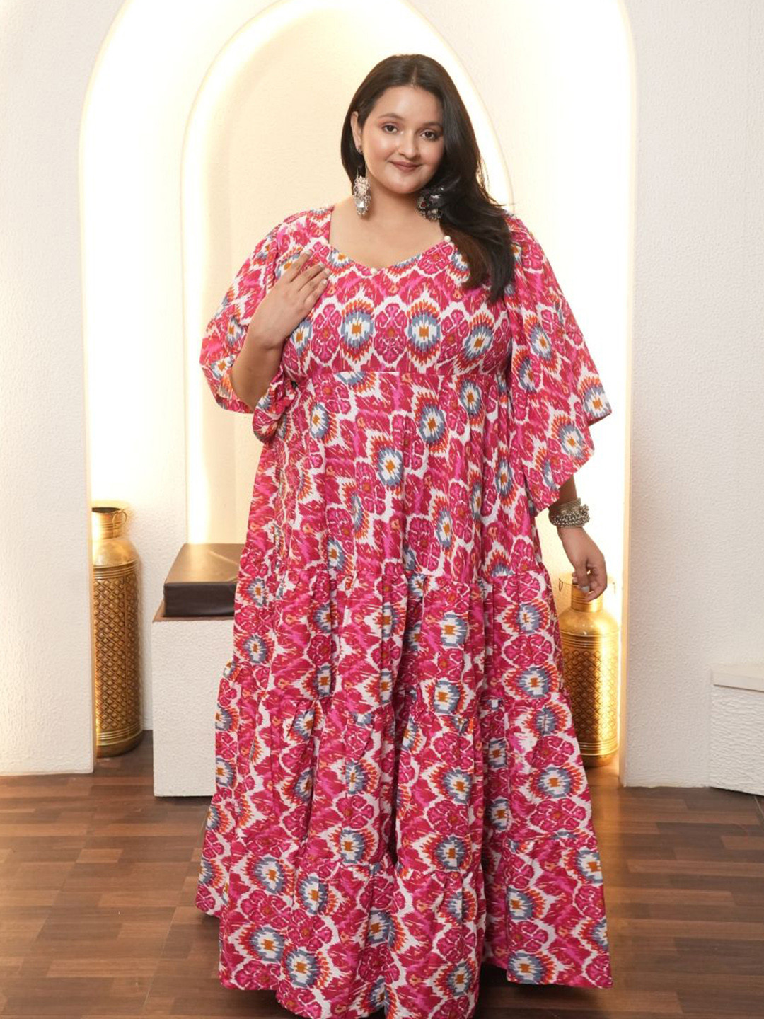 Swadeshi Shringaar Ethnic Motifs Rani Printed Cotton Fit and Flare Maxi Dress