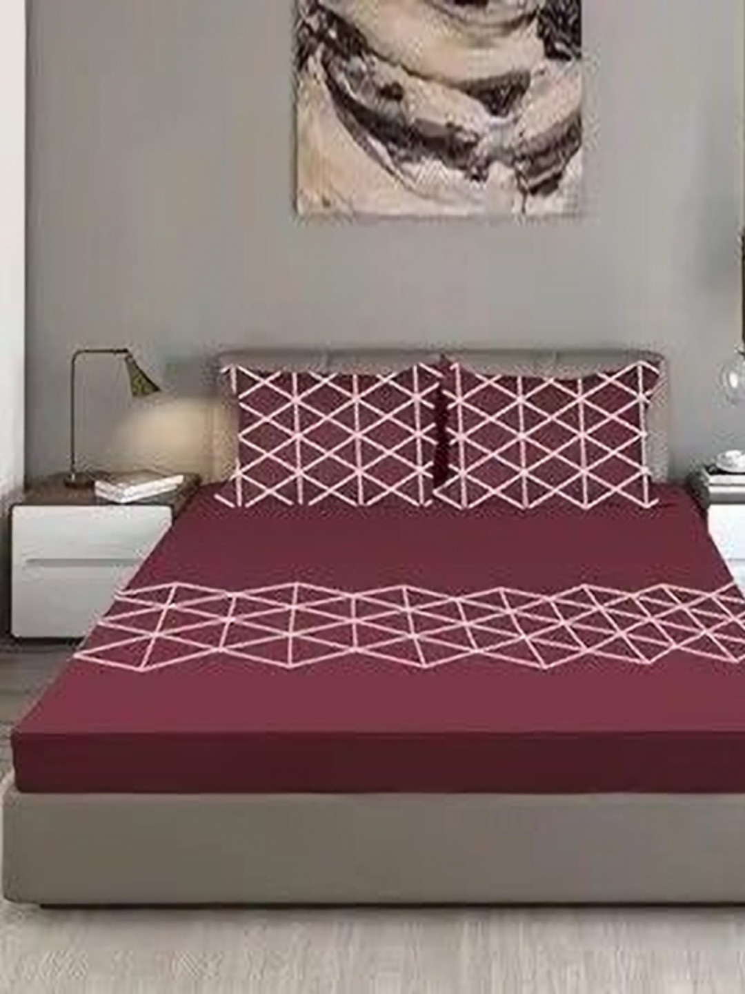 Bodycomfy Maroon Printed Pure Cotton Jersey Fitted 400 TC King Bedsheet Set 1.9m x 1.8m