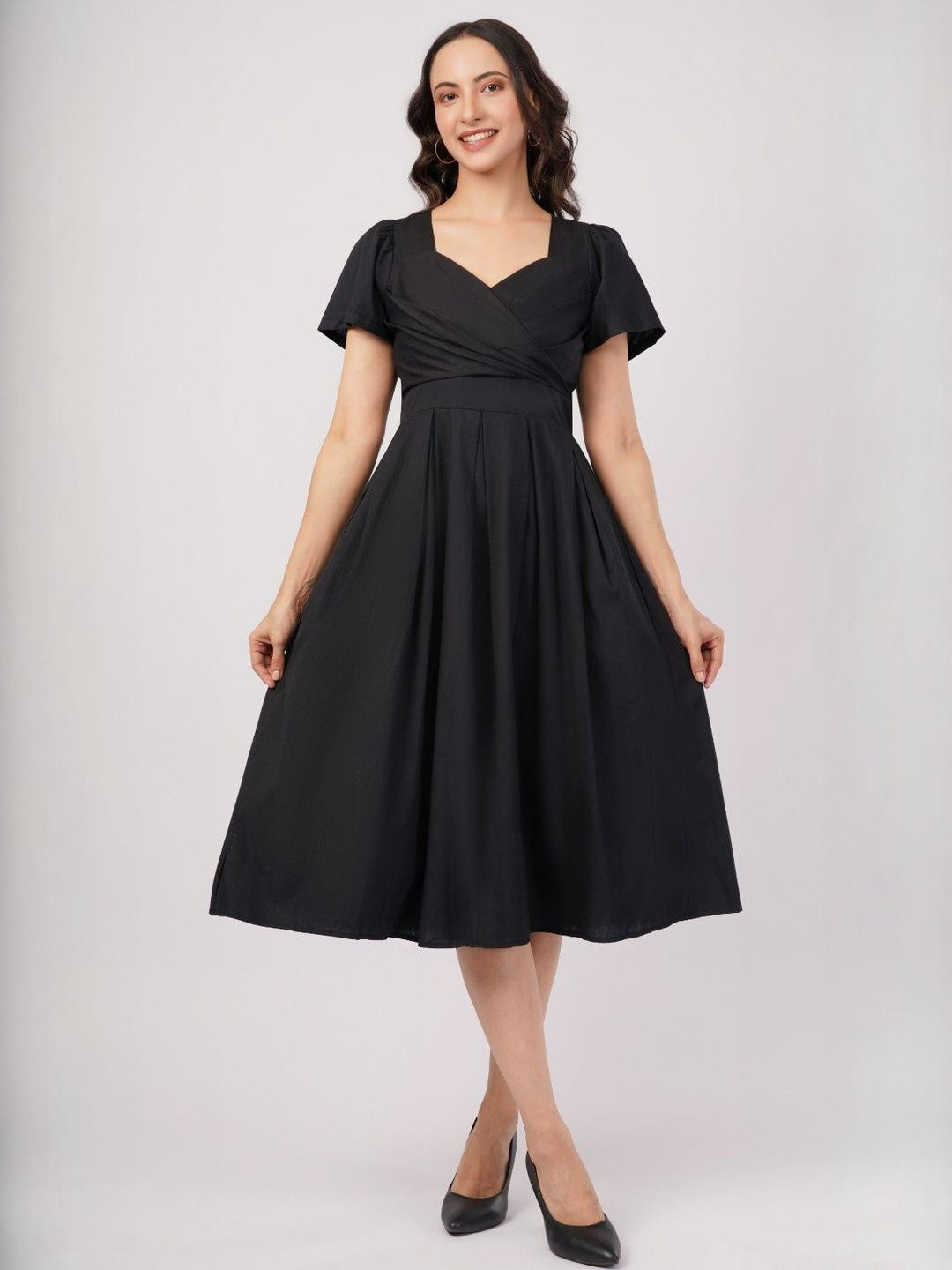 Deshi Girl Women Cotton Puff Sleeve Fit & Flare Midi Dress