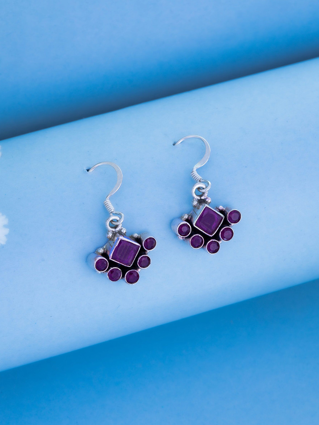 Dab Sterling Silver Artificial Stones Studded Diamond Shaped Drop Earrings