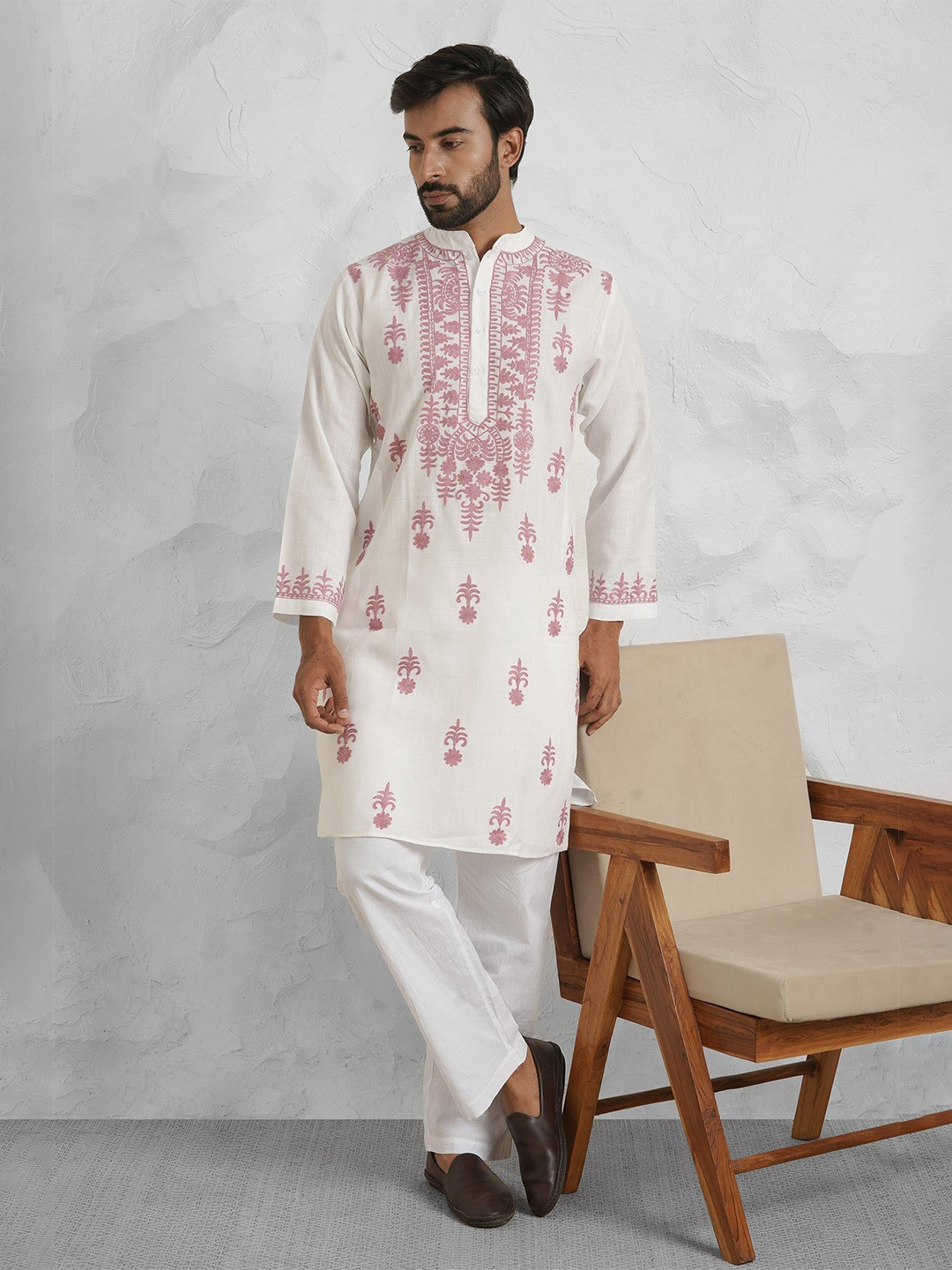 HOUSE OF KARI Men White Dusty Rose Embroidery Cotton Arri Work Kurta
