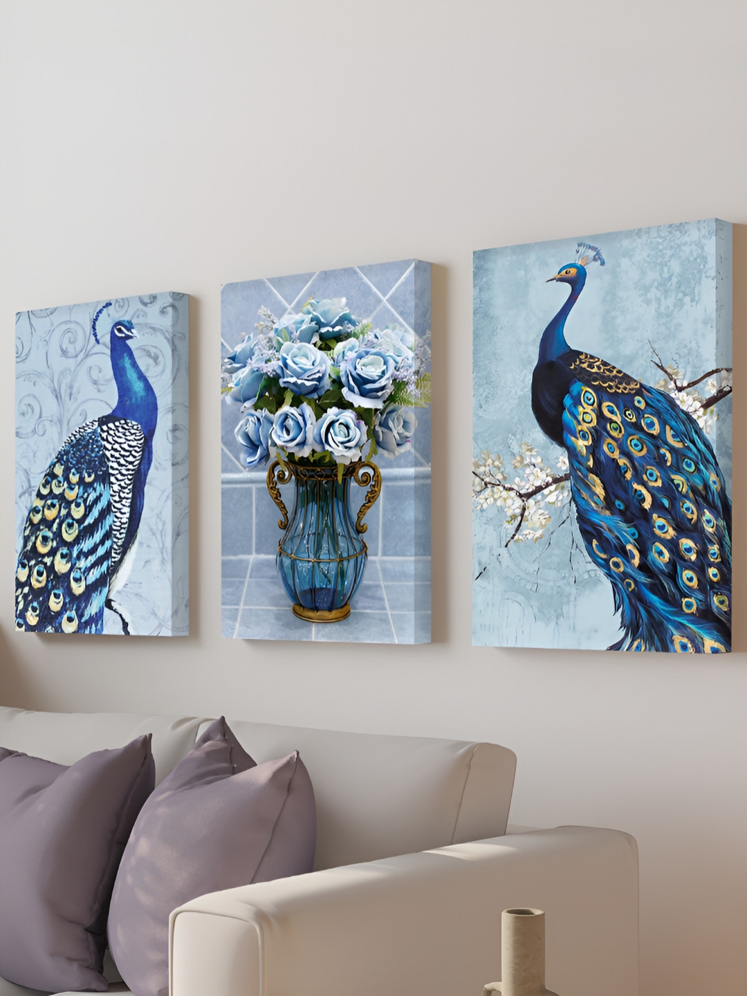 Myntra Elegant Homes Blue 3 Pieces Beautiful Peacock & Flower With Vase Canvas Wall Arts