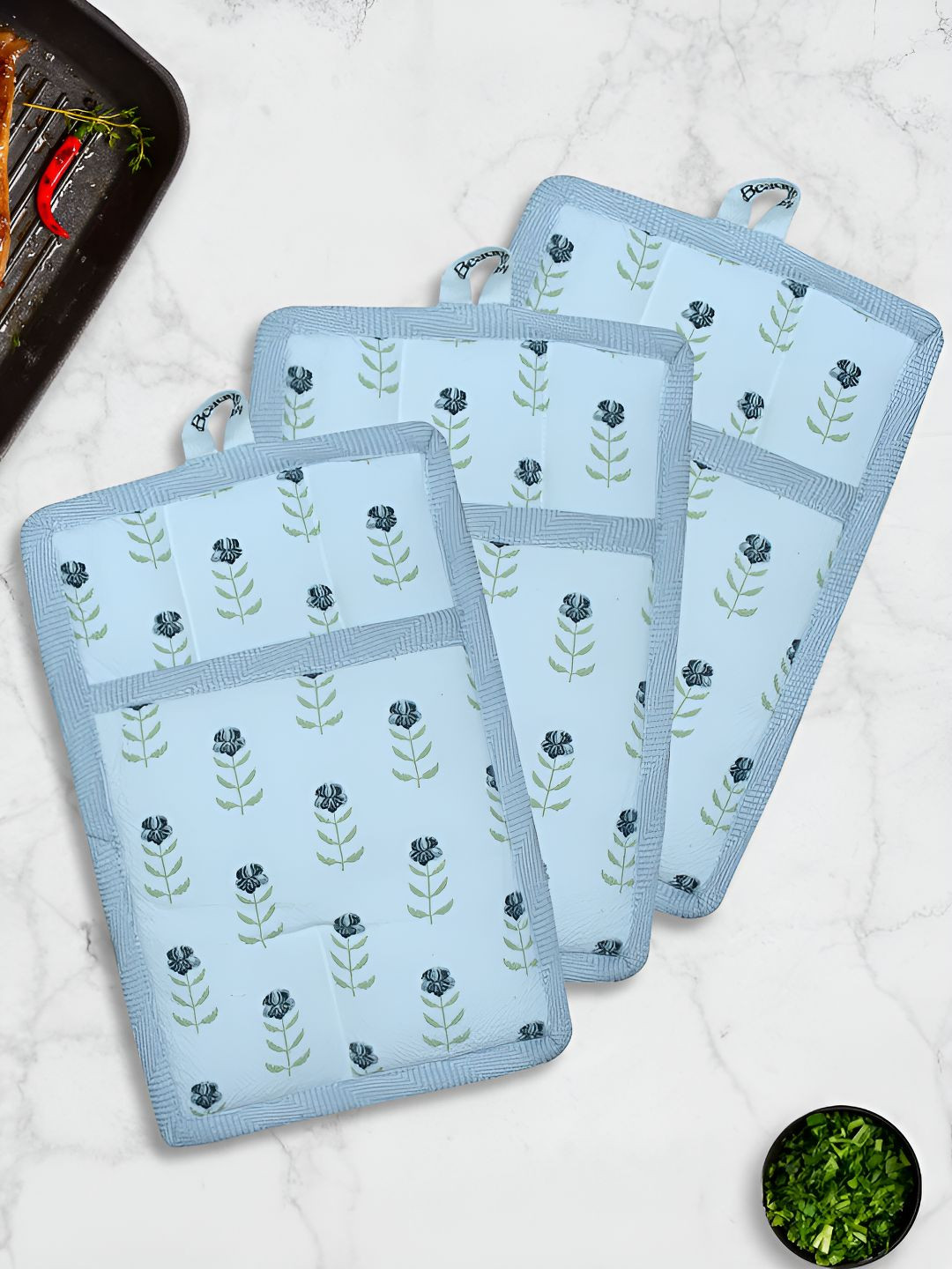 HOME COLORS.IN Blue & Green 3 Pieces Printed Trivets