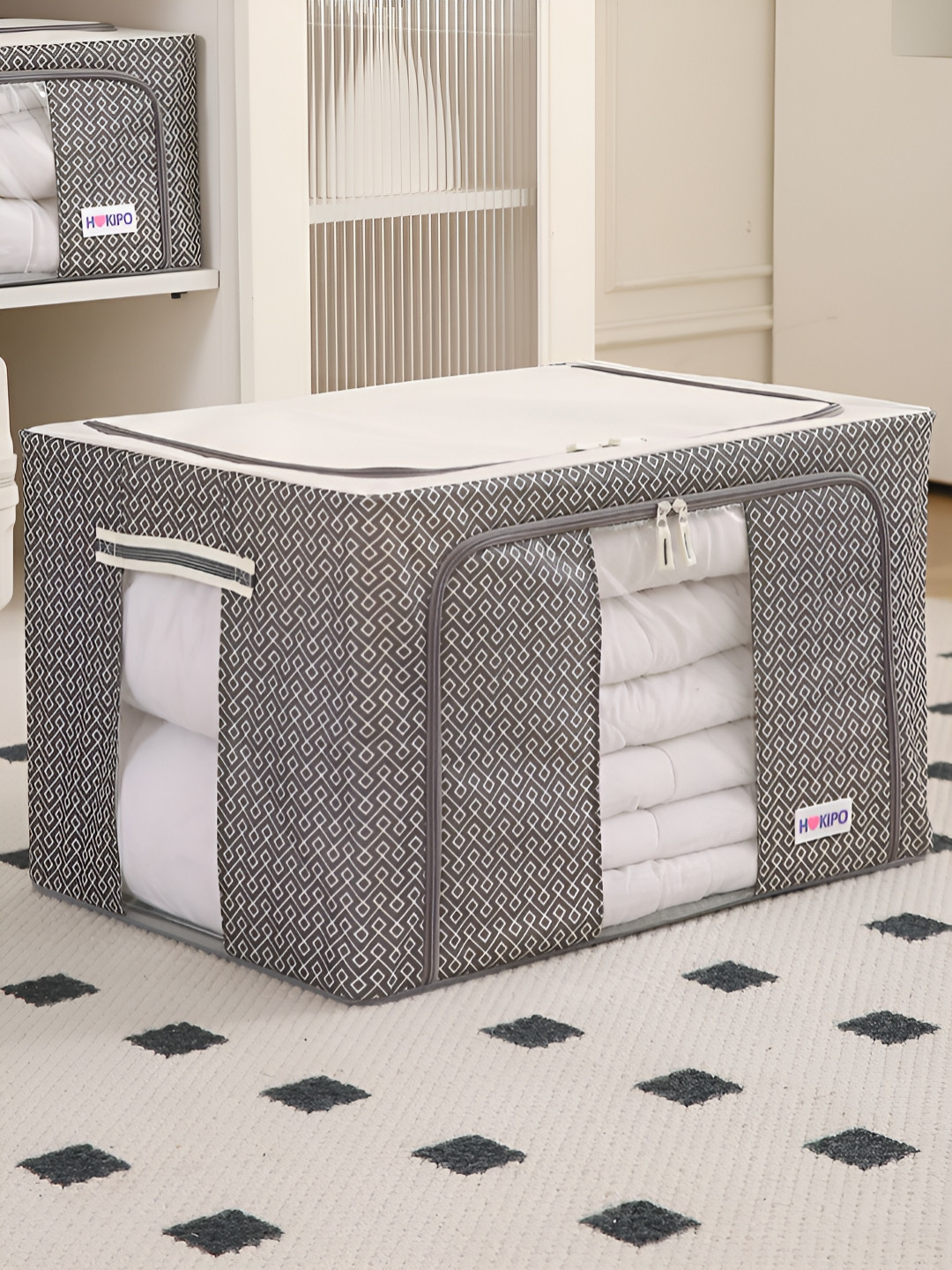 HOKIPO Grey & White Printed Cloth Storage Box Organisers for Wardrobe - 88L