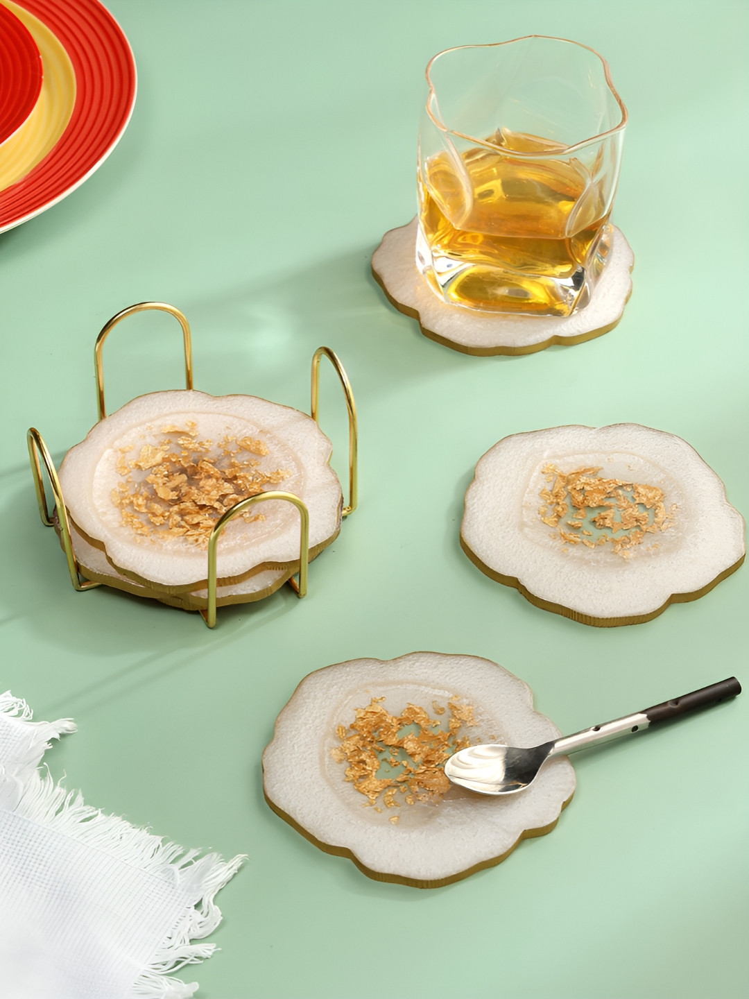 DULI 6-Pcs Cream-Colored Resin Round Coasters With Metal Stand