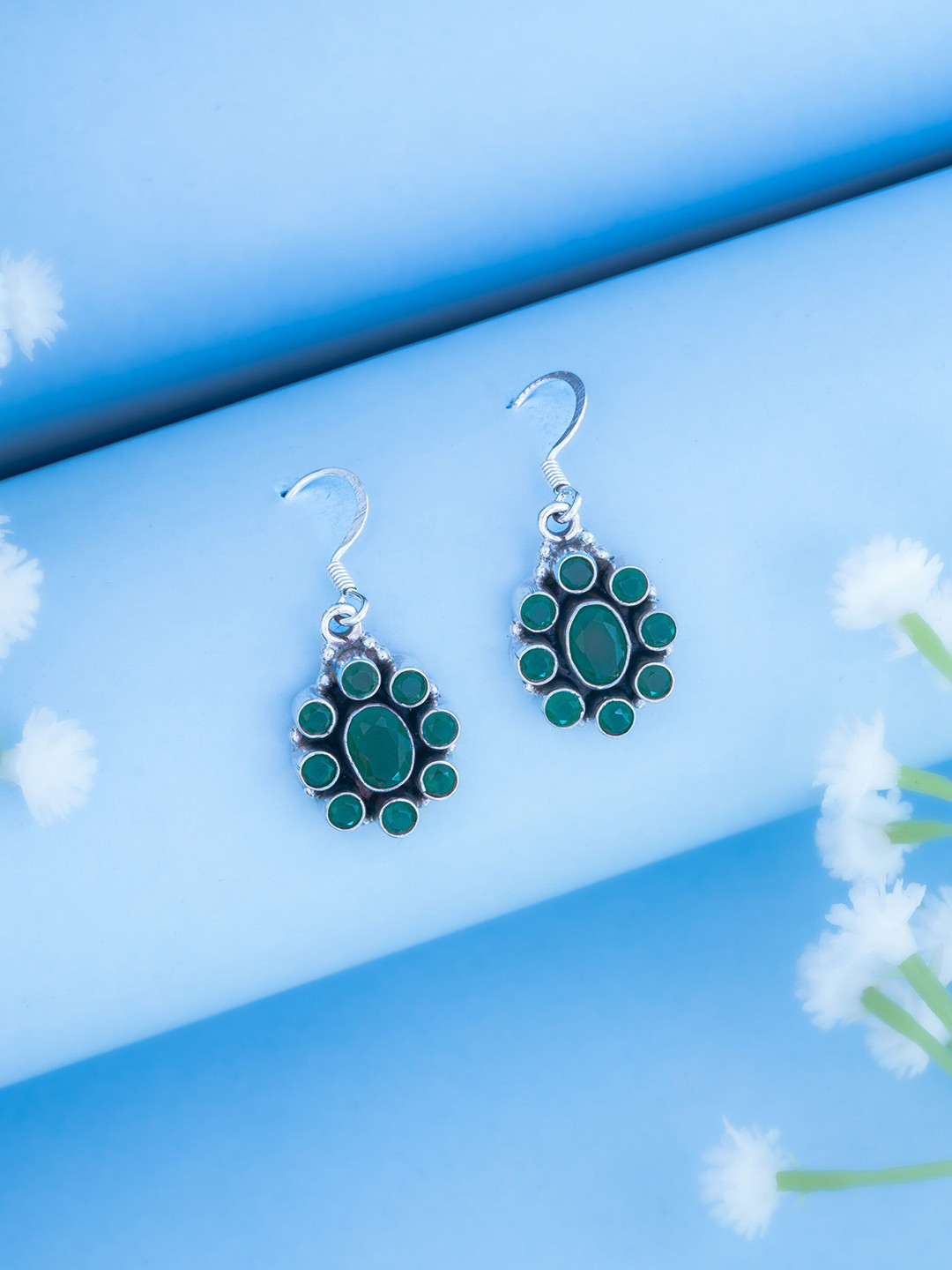 Dab 927 Sterling Silver Artificial Stones Studded Oval Shaped Drop Earrings