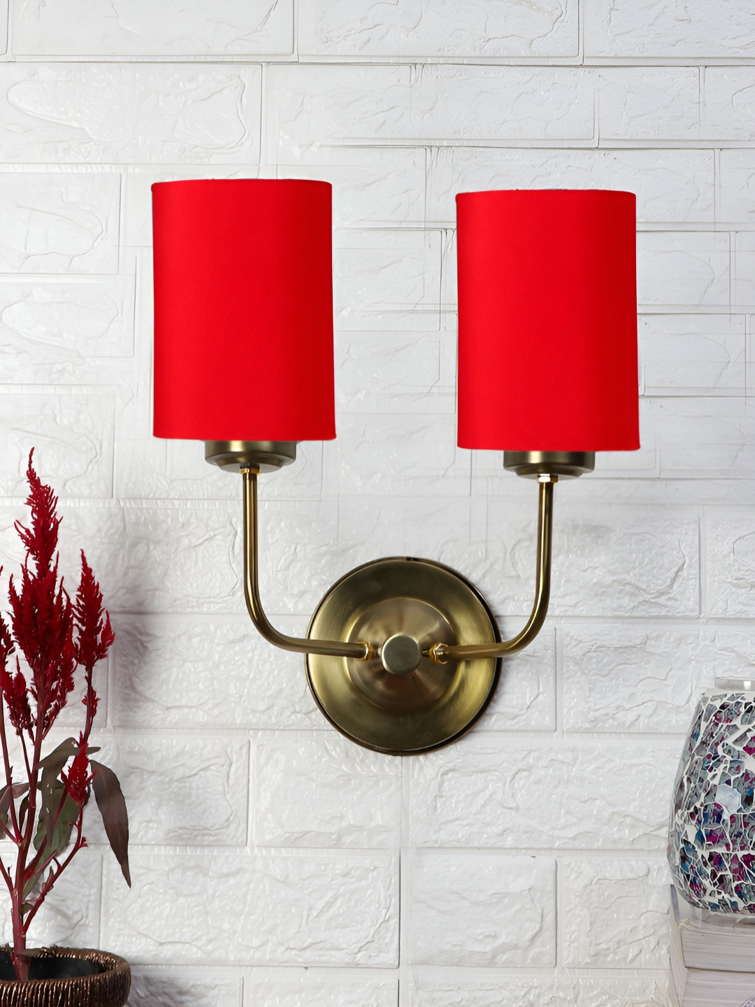 Devansh Red & Gold-Toned Traditional Cylinder Shaped Cotton Wall Lamp