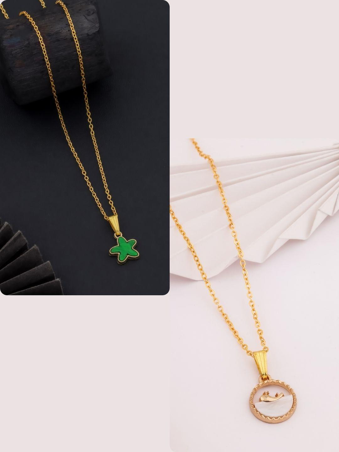 DressBerry Women White & Green Star Charms Brass Gold-Plated Set Of 2 Chains