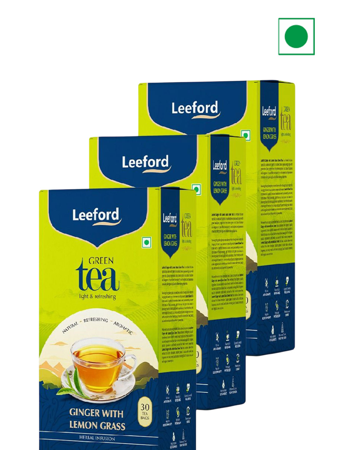 Leeford Pack of 3 Ginger Lemongrass Green Tea for Immunity Boost - 30 Bags