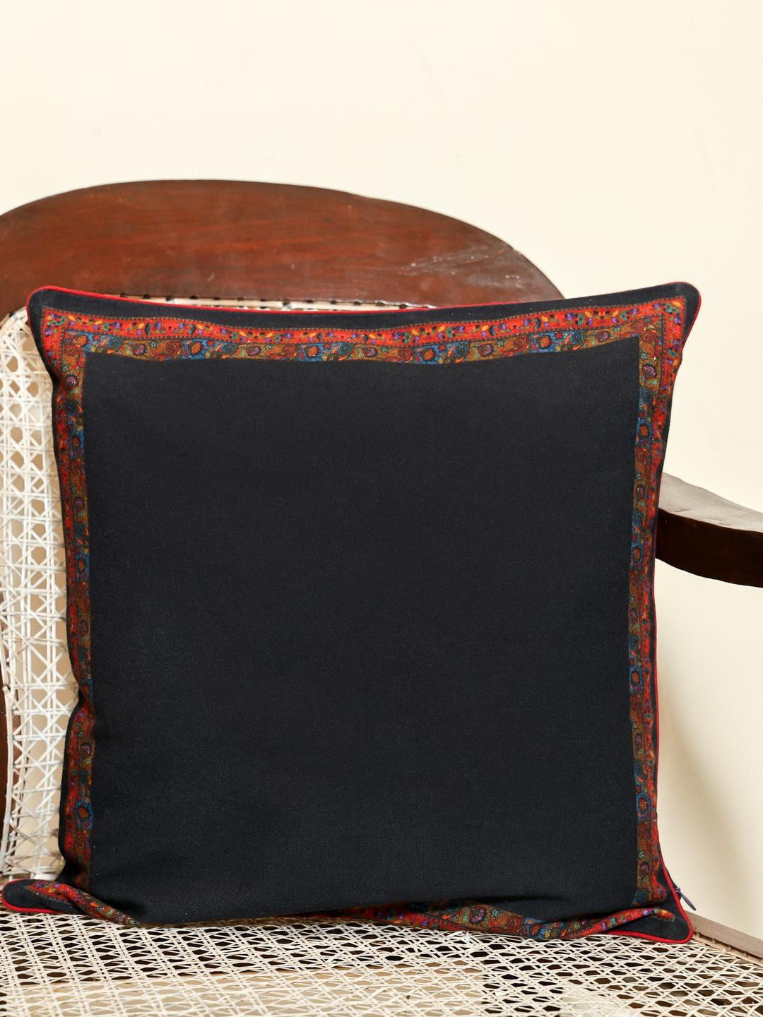 Crown of Poppies Rust & Black Square Cotton Pack Of 1 Cushion Cover