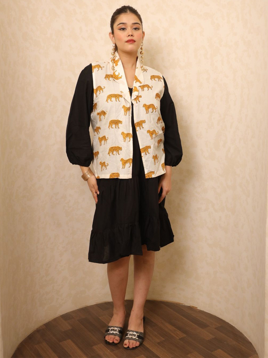 Swadeshi Shringaar Women Animal Printed Fit-Flare Midi Dress with Jacket