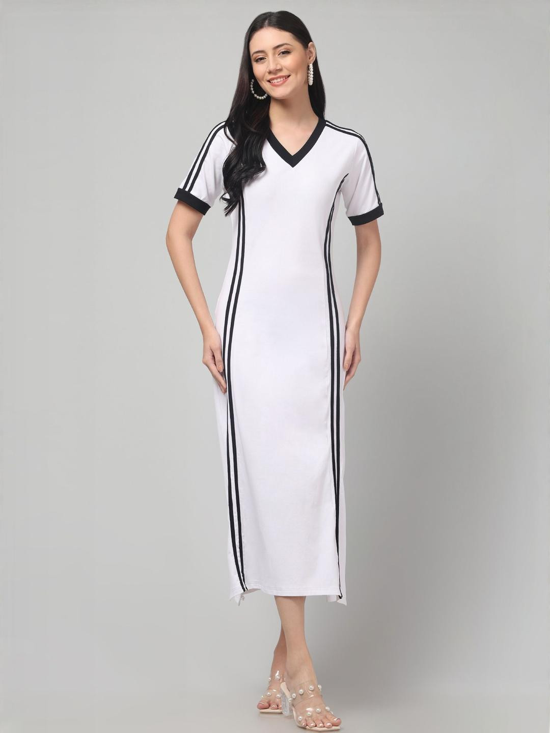 clobug Women V-Neck Striped Cotton T-shirt Midi Dress