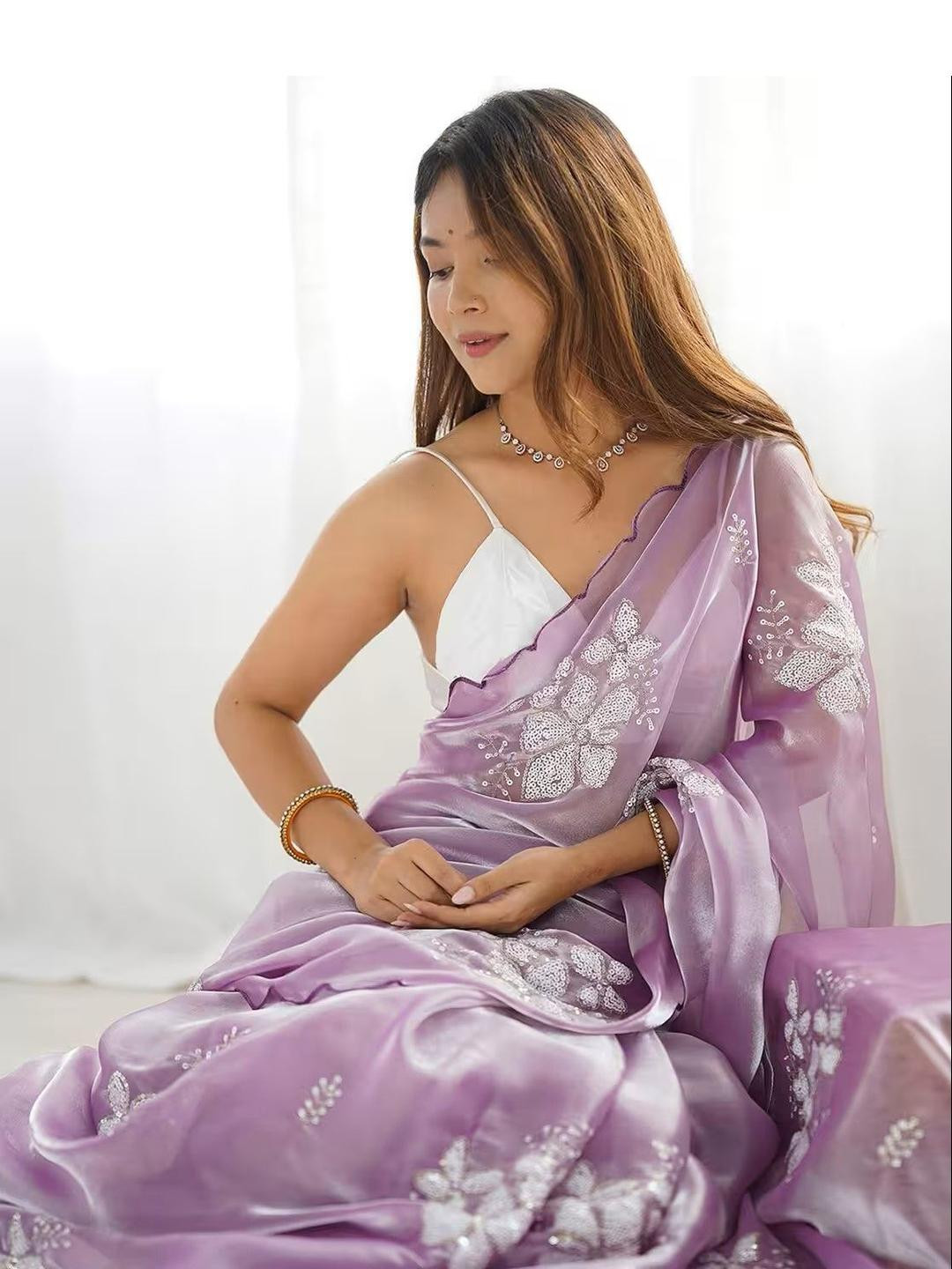 zinzraa Floral Embellished Sequinned Jimmy Choo Tissue Saree