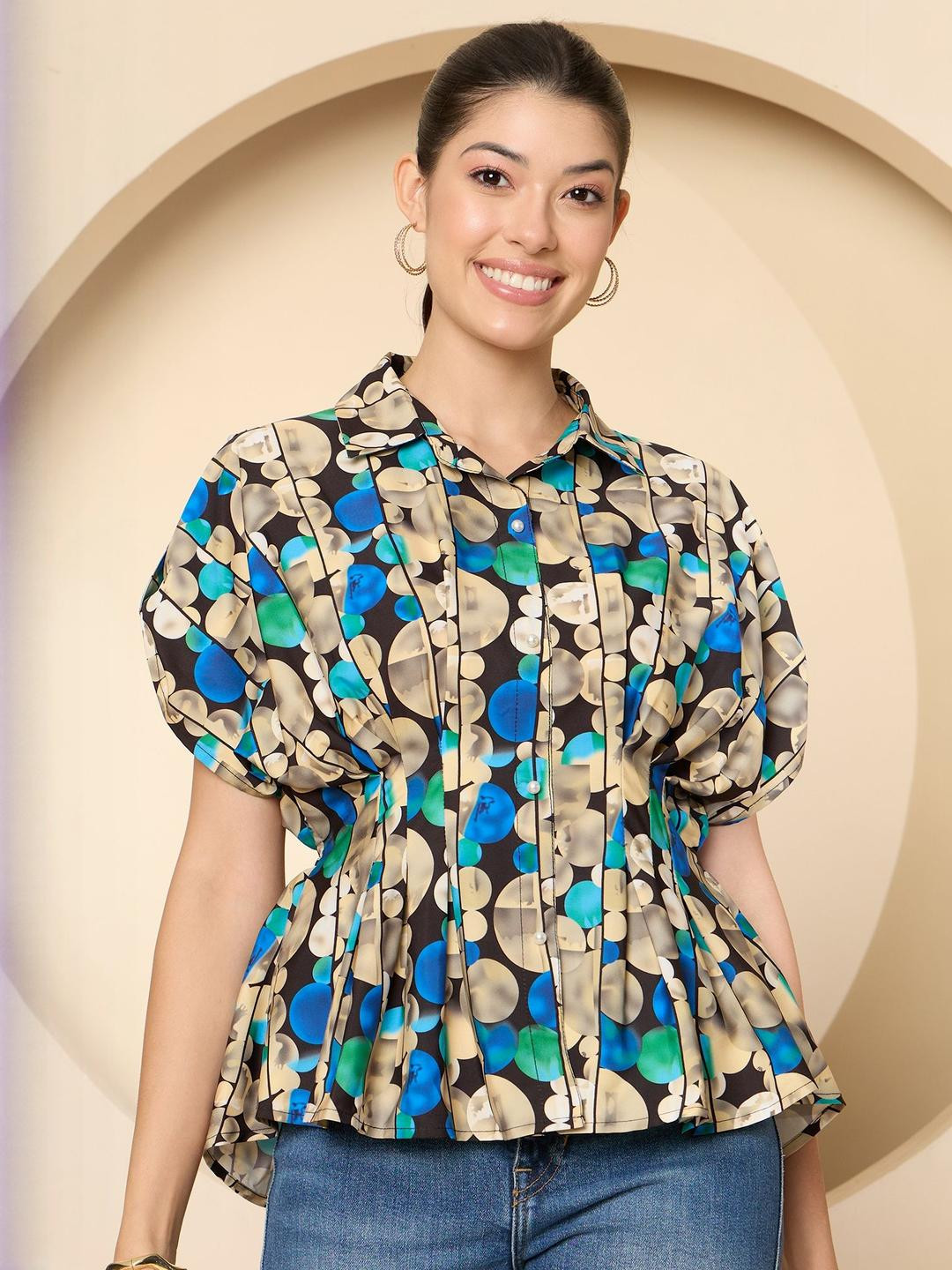 Antheaa Women Shirt Collar Puff Sleeve Shirt Style Top