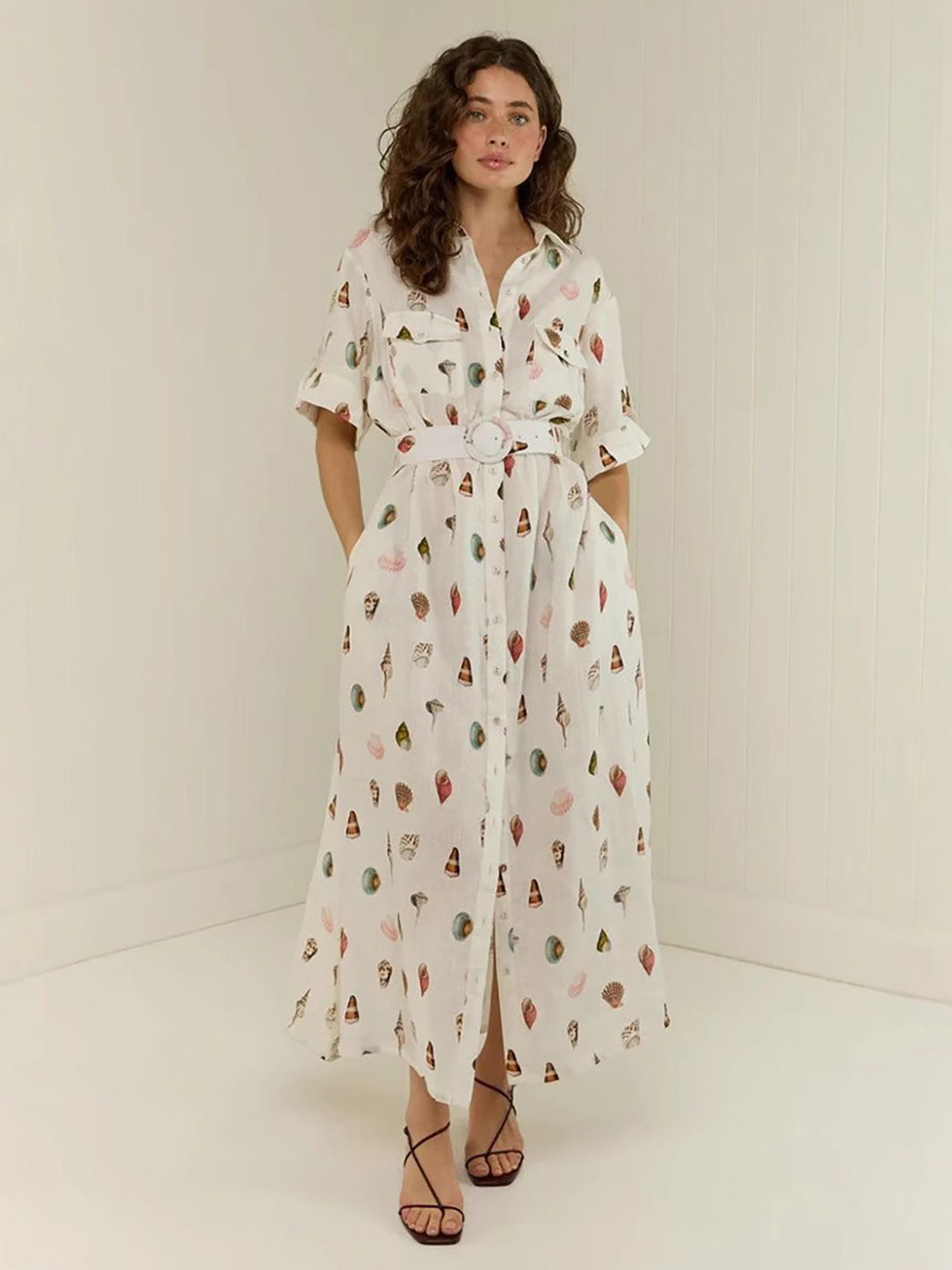 JC Mode Women Conversational Print Shirt Collar Shirt Style Maxi Dress