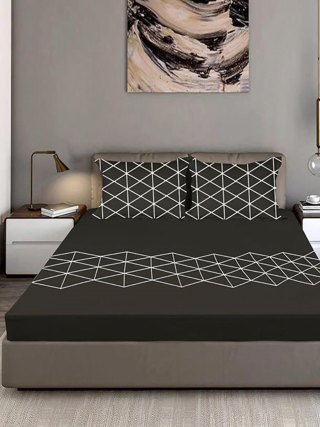 Bodycomfy Charcoal & White King Fitted Cotton 400 TC King Bedsheet Set 1.98 m x 1.82 m