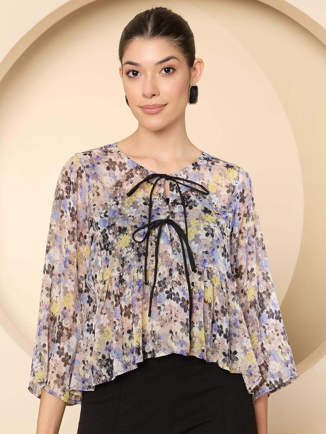 Antheaa Floral Printed Chiffon Bow Detail Peplum Top