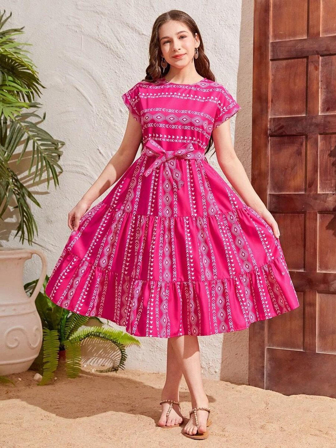 YK Girls Printed Tie-Ups Detail Tiered Fit & Flare Dress