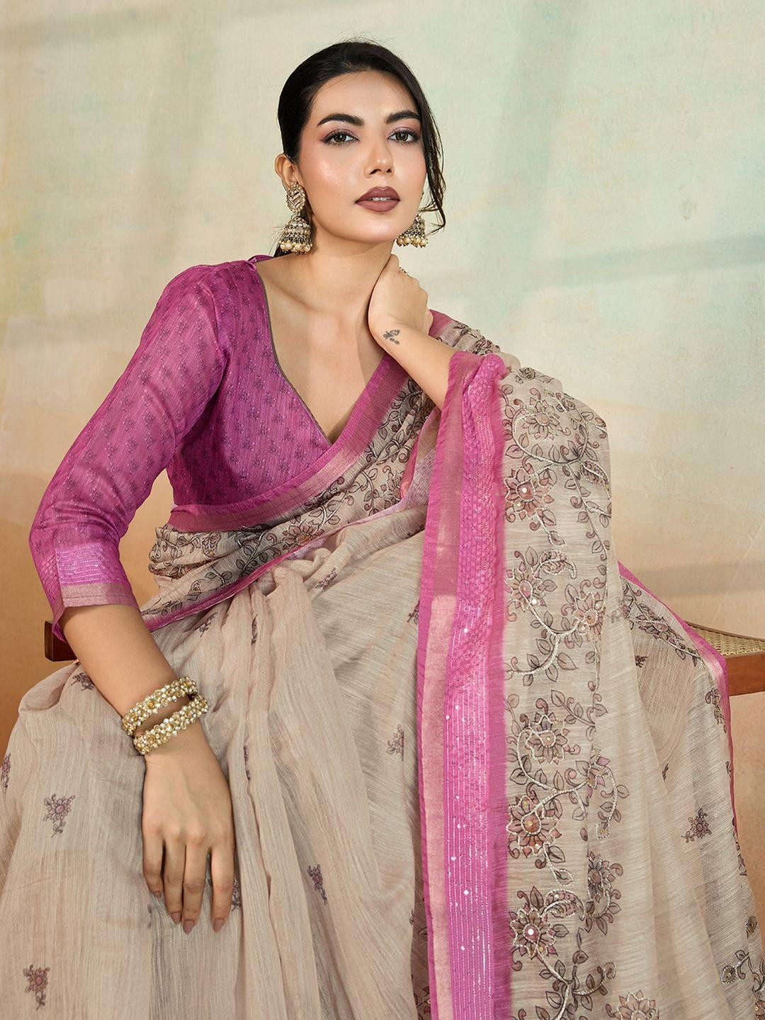 100 Dreams Ethnic Motifs Sequinned Block Print Saree
