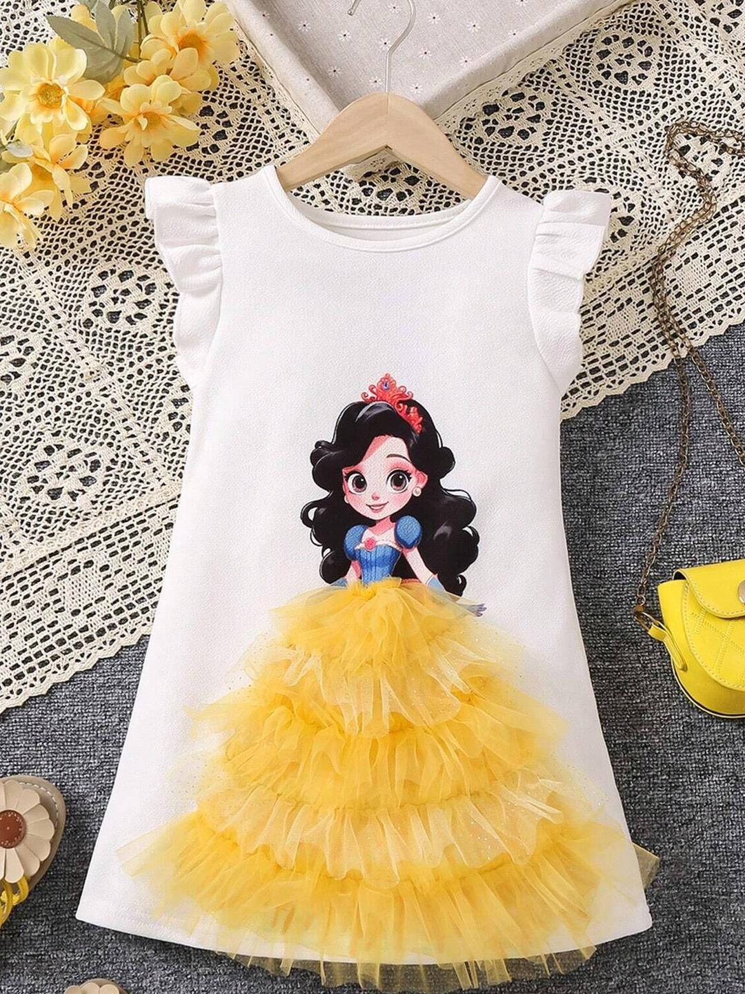 YK Girls Disney Princess Graphic Printed Flutter Sleeves Layered A-Line Dress