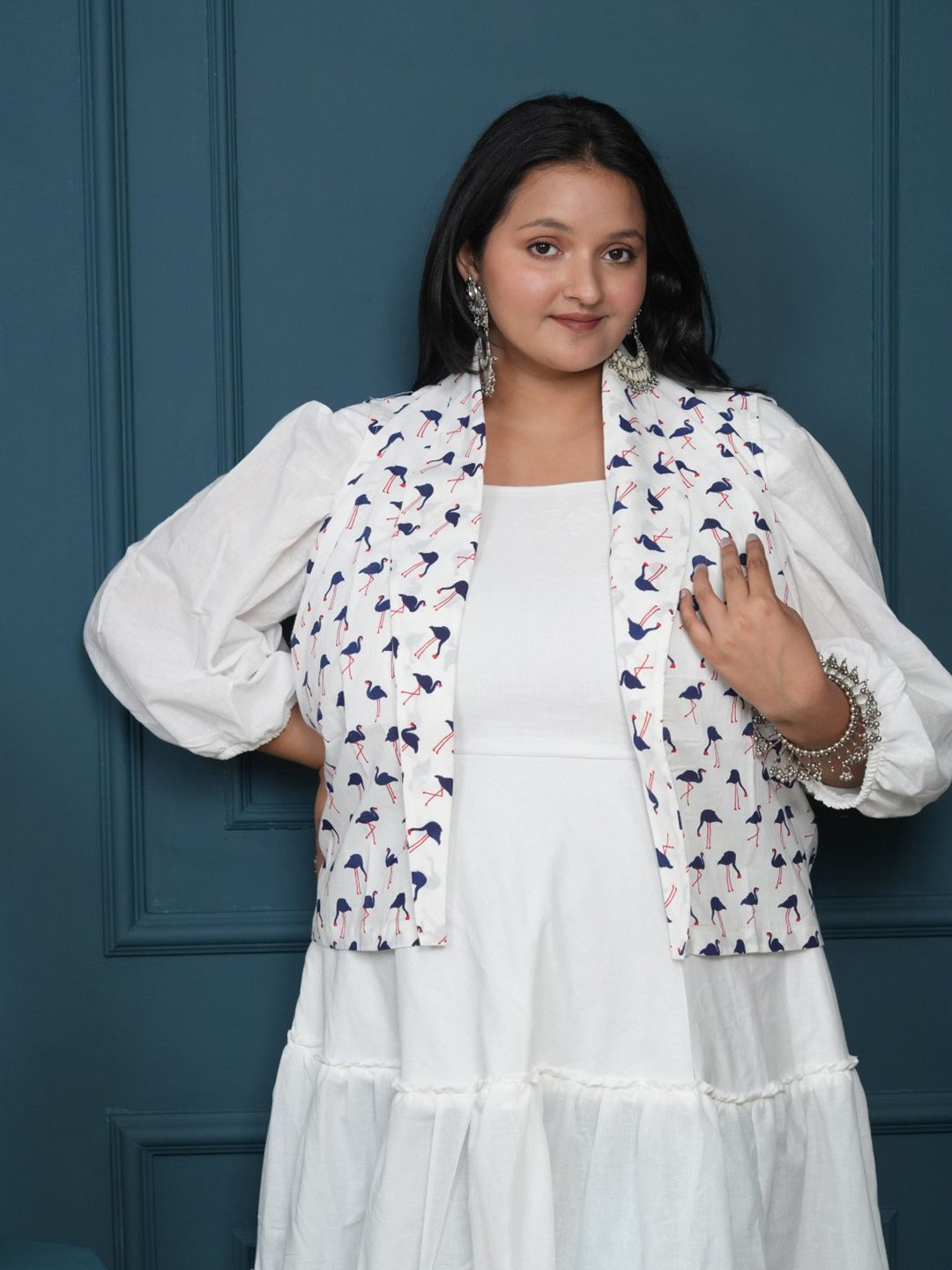 Swadeshi Shringaar Women White Dress With White Swan Printed Jacket