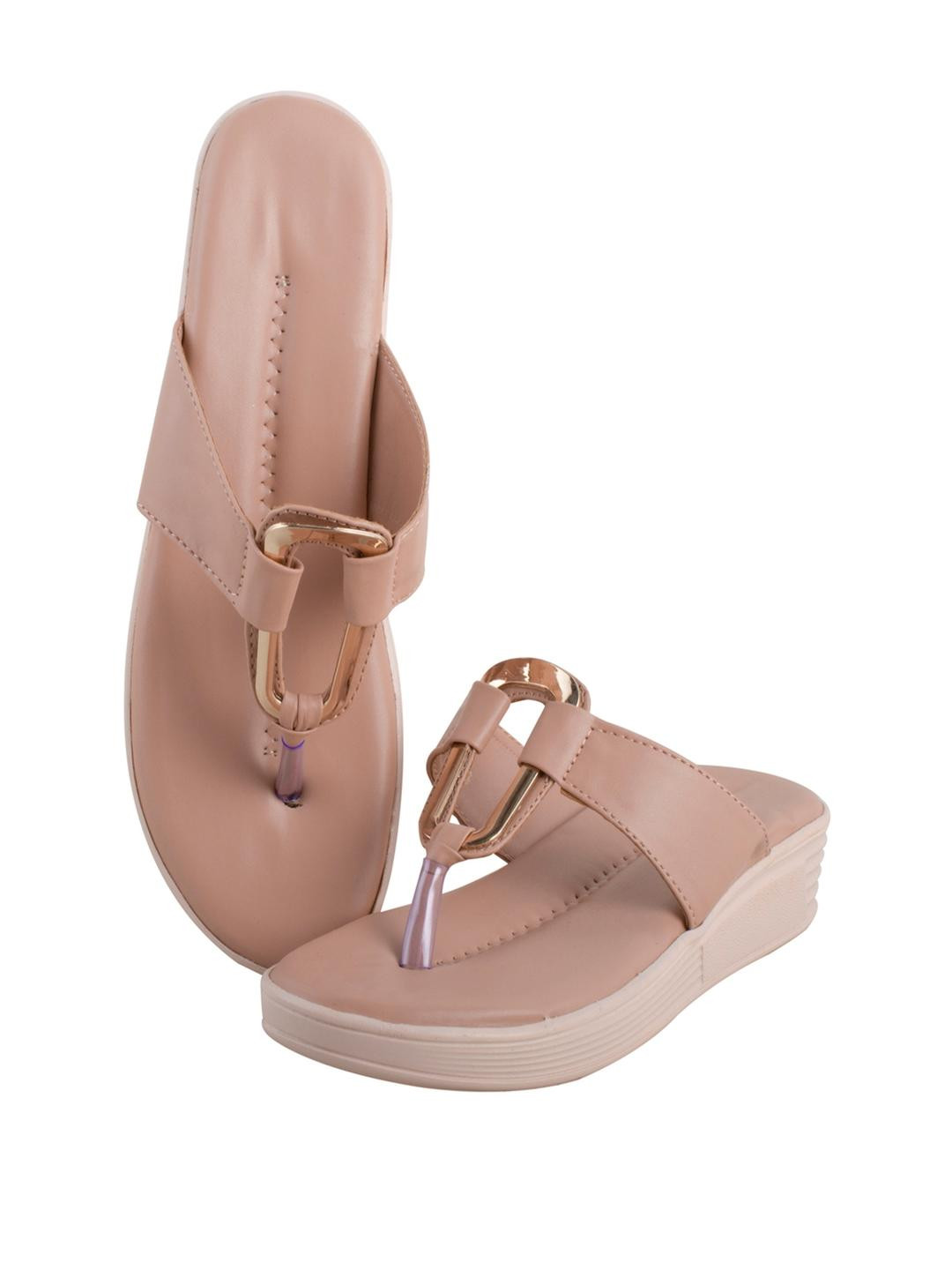Digni Women Pink & Gold-Plated T-Strap Flats