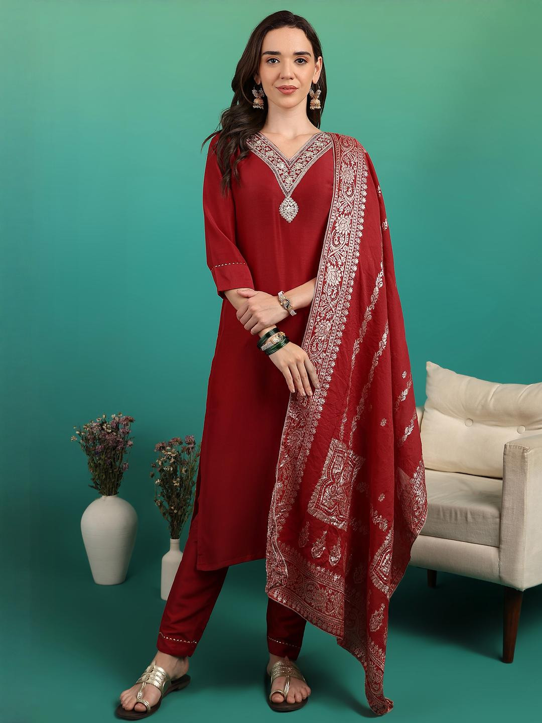 Moda Rapido  Women Red Silk Blend Floral Embroidered Kurta With Trousers & Dupatta