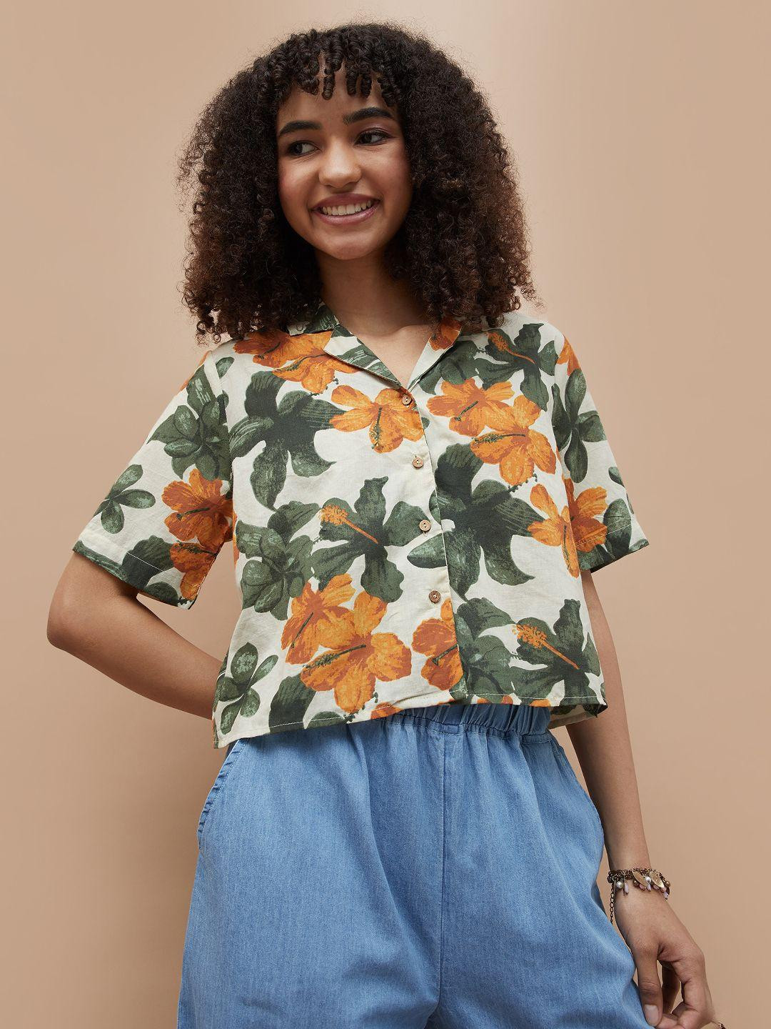 Colour Me by Melange Women Relaxed Fit Floral Printed Cuban Collar Cotton Casual Shirt