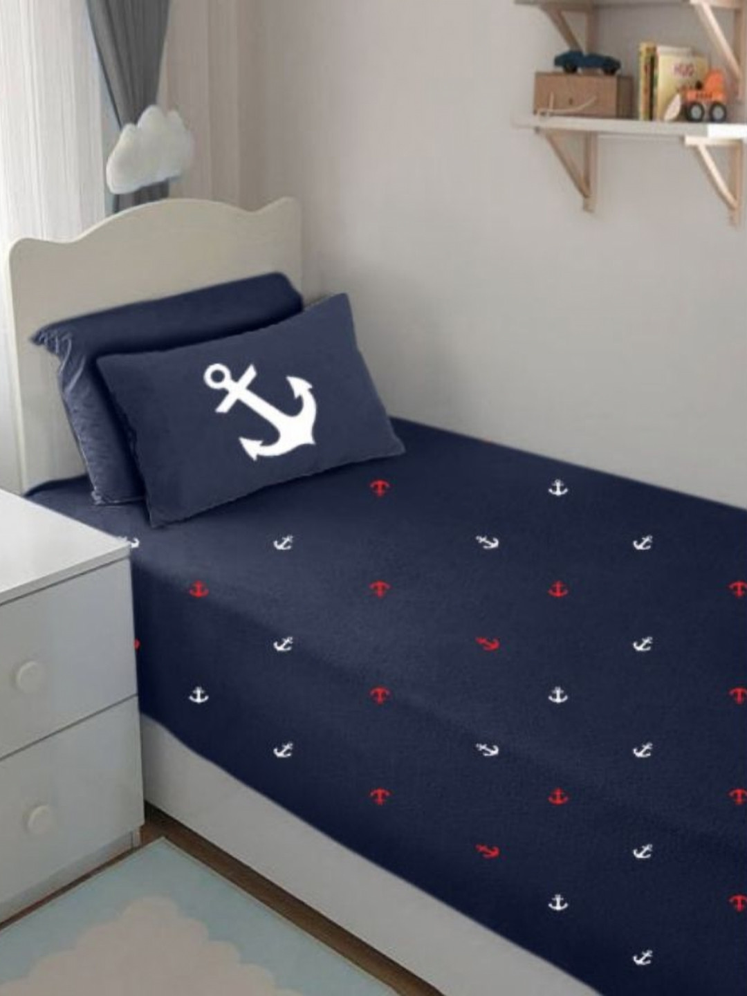Bodycomfy Navy Blue & White Flat Cotton 400 TC Single Bedsheet Set 0.91 m x 1.06 m