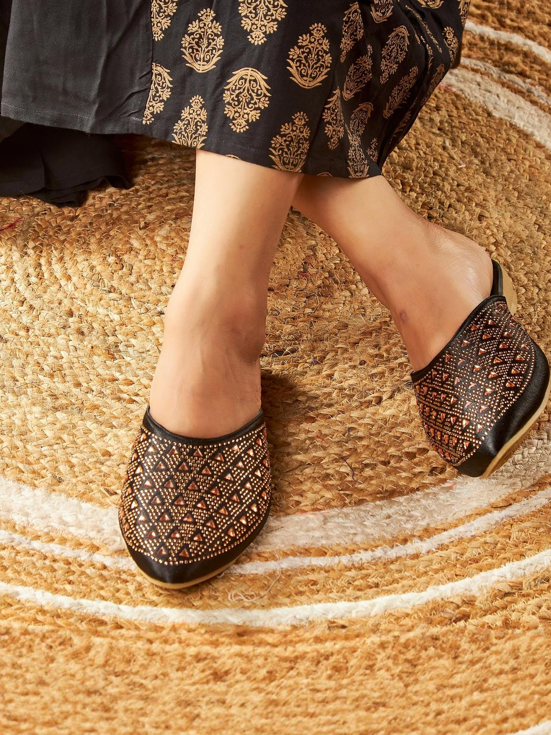 citaali Women Gold-Toned Ethnic Embellished Pointed Toe Mules