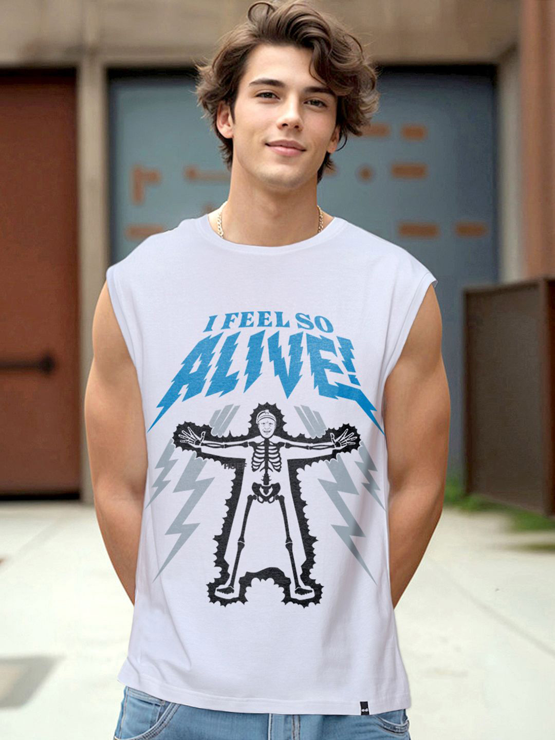 Bewakoof Official Wednesday Merchandise Men White Alive Graphic Printed Oversized Vest