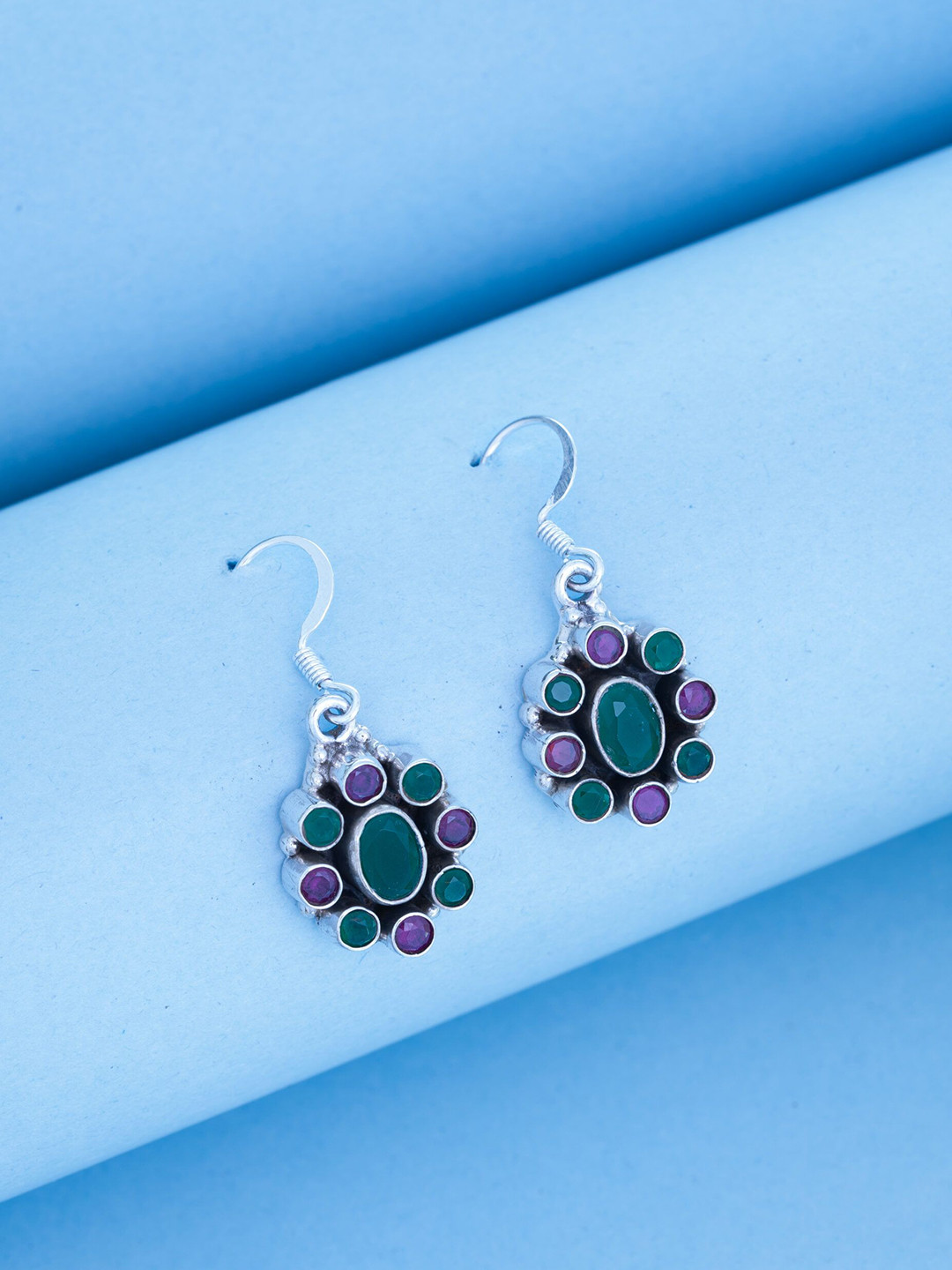 Dab Sterling Silver Artificial Stones Studded Oval Shaped Drop Earrings