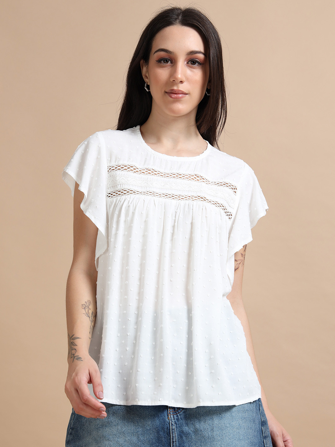 GLAM & CHIQUE Self Design Cotton Regular Top