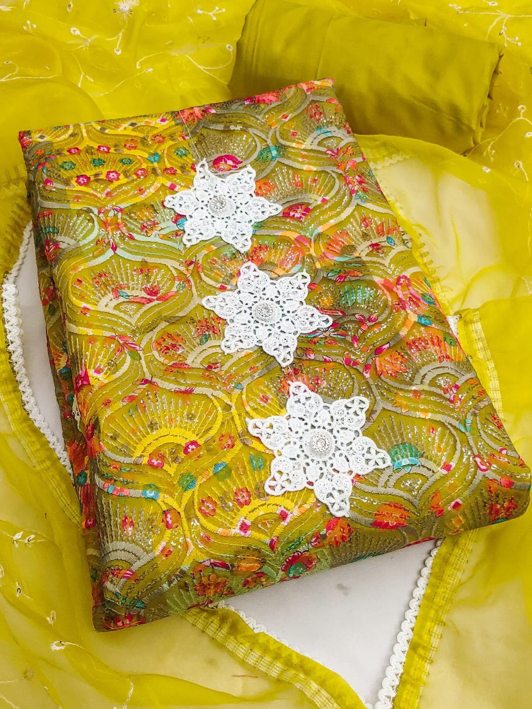 Maroosh Floral Embroidered Patchwork Roman Cotton Unstitched Dress Material