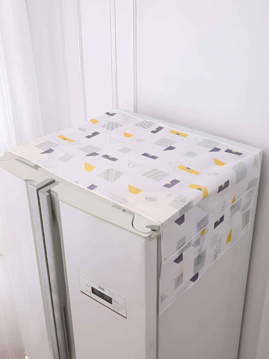 HOKIPO White & Grey Geometric Abstract Waterproof Small Fridge Cover With 6 Side Pockets