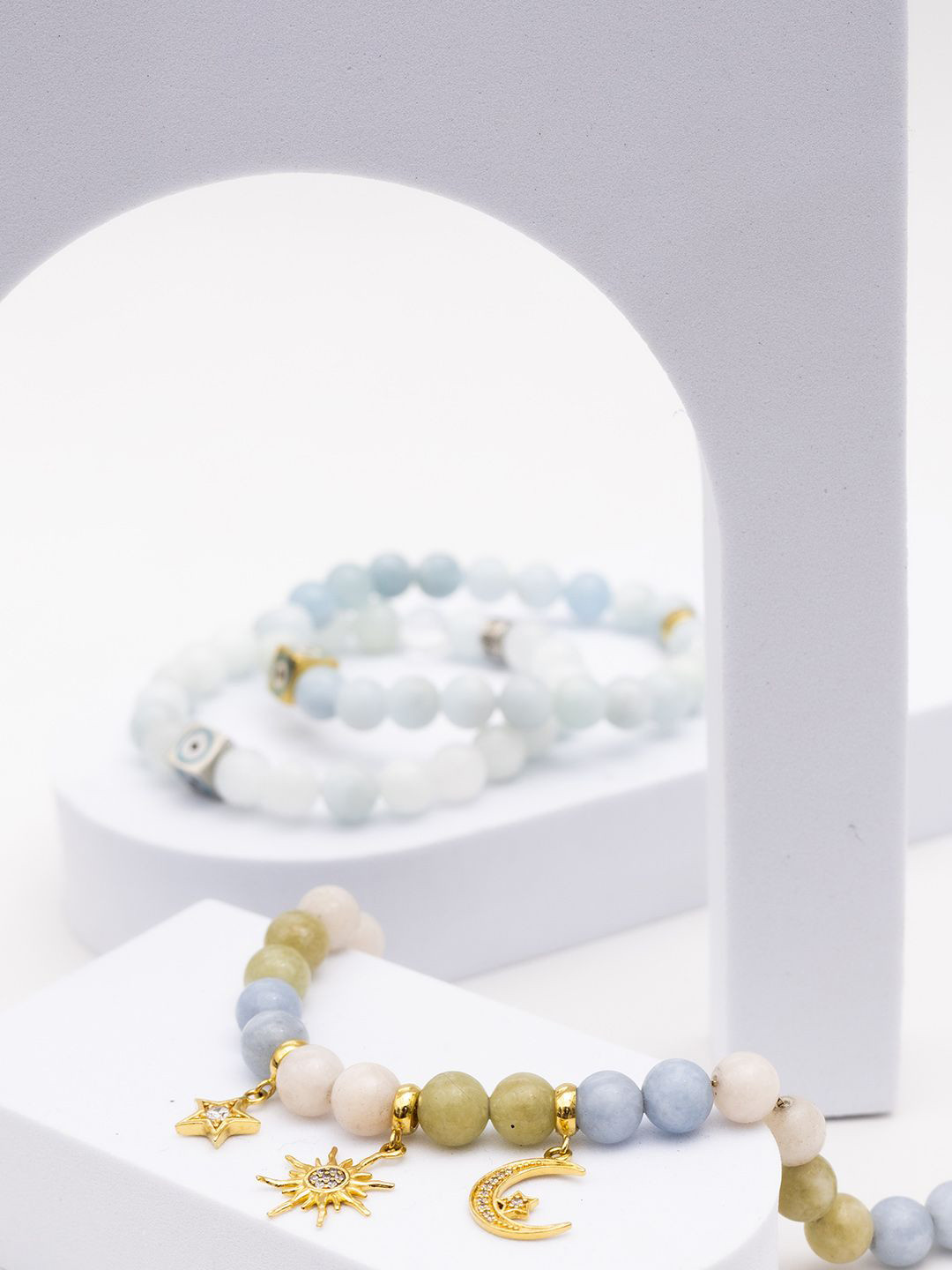 Stone Story By Shruti Women Sterling Silver Aquamarine Handcrafted Gold-Plated Charm Bracelet