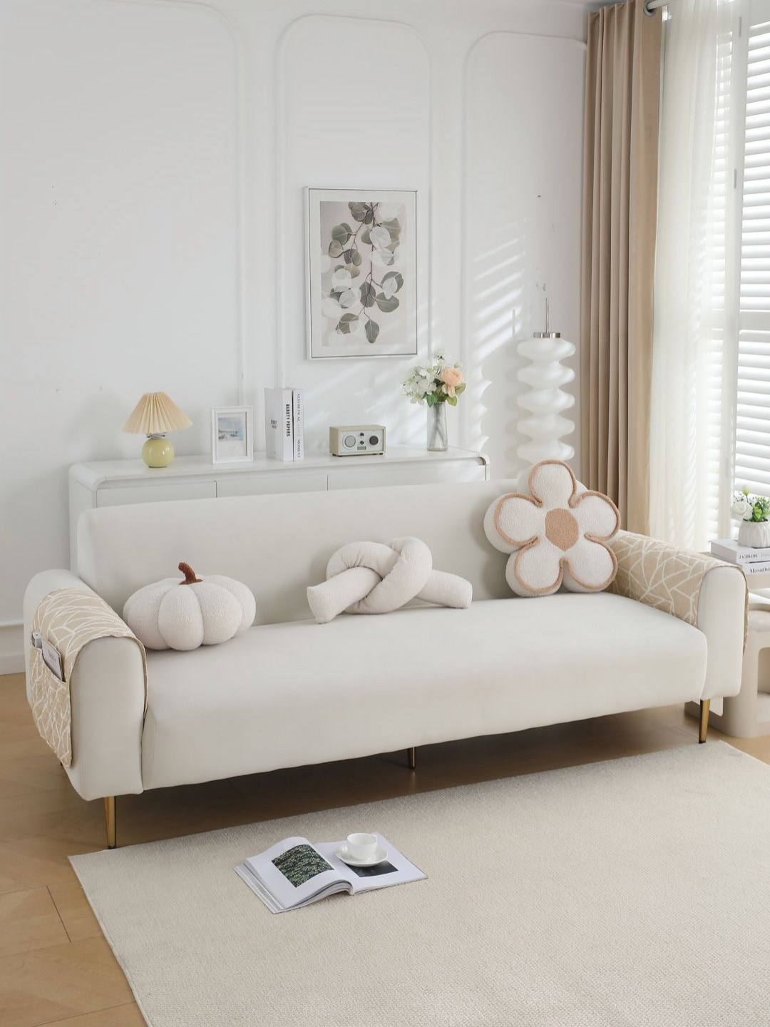 HOKIPO Beige & White 2 Pieces Printed Waterproof Armrest Covers For Sofa With Pockets