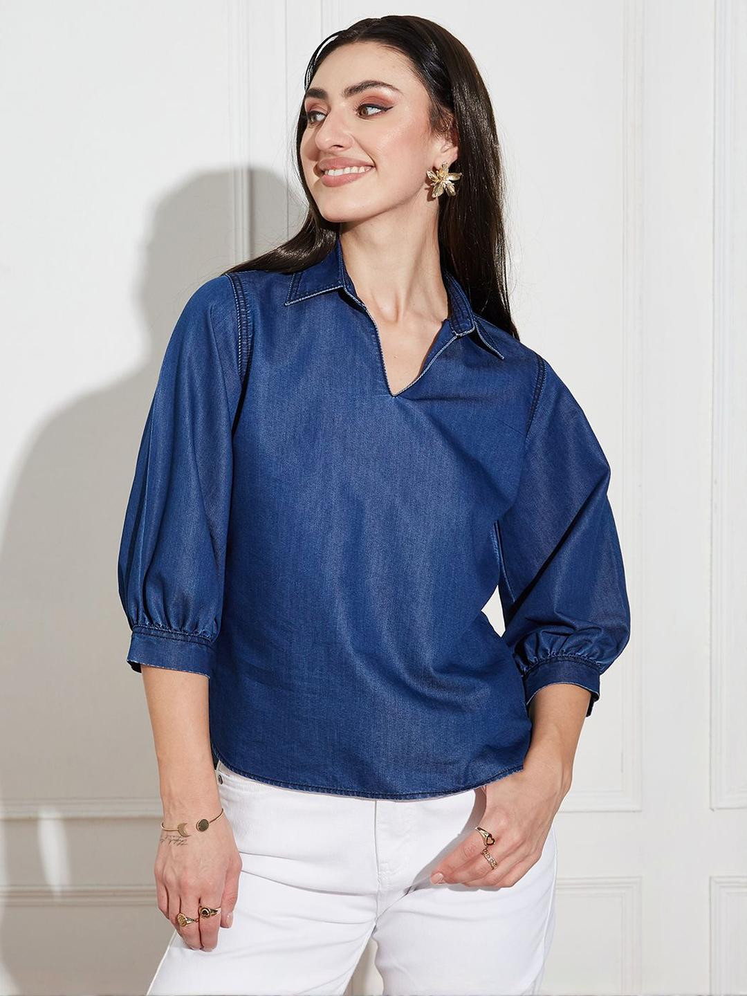 Miss Chase Women Shirt Collar Denim Tunic Top