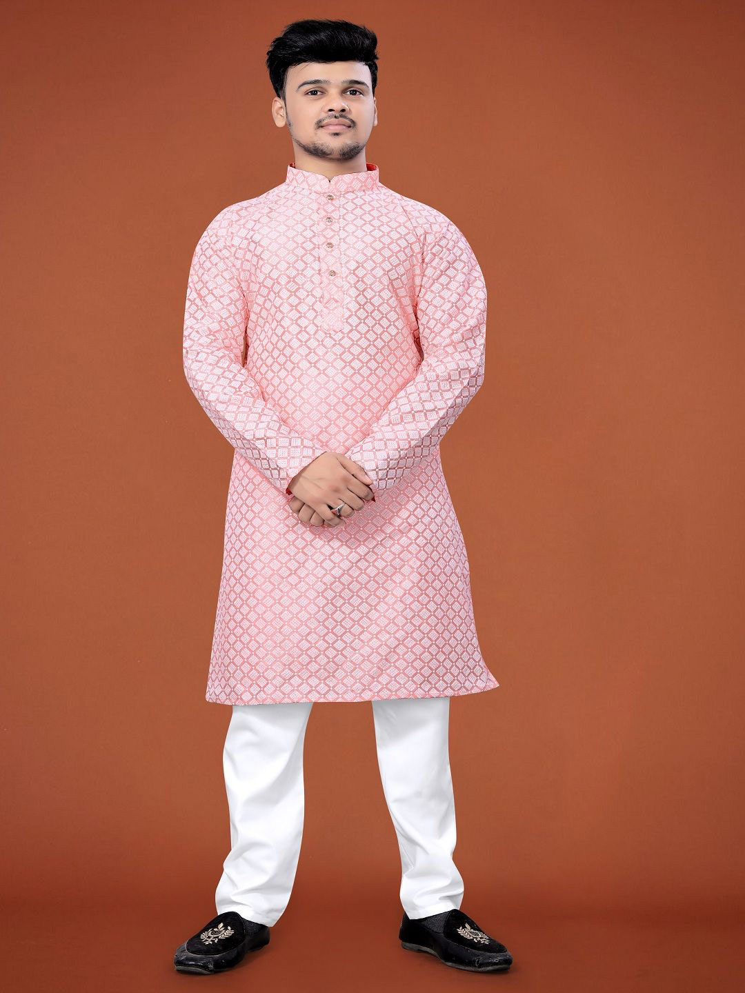 WELL TEX Men Mandarin Collar Thread Work Kurta
