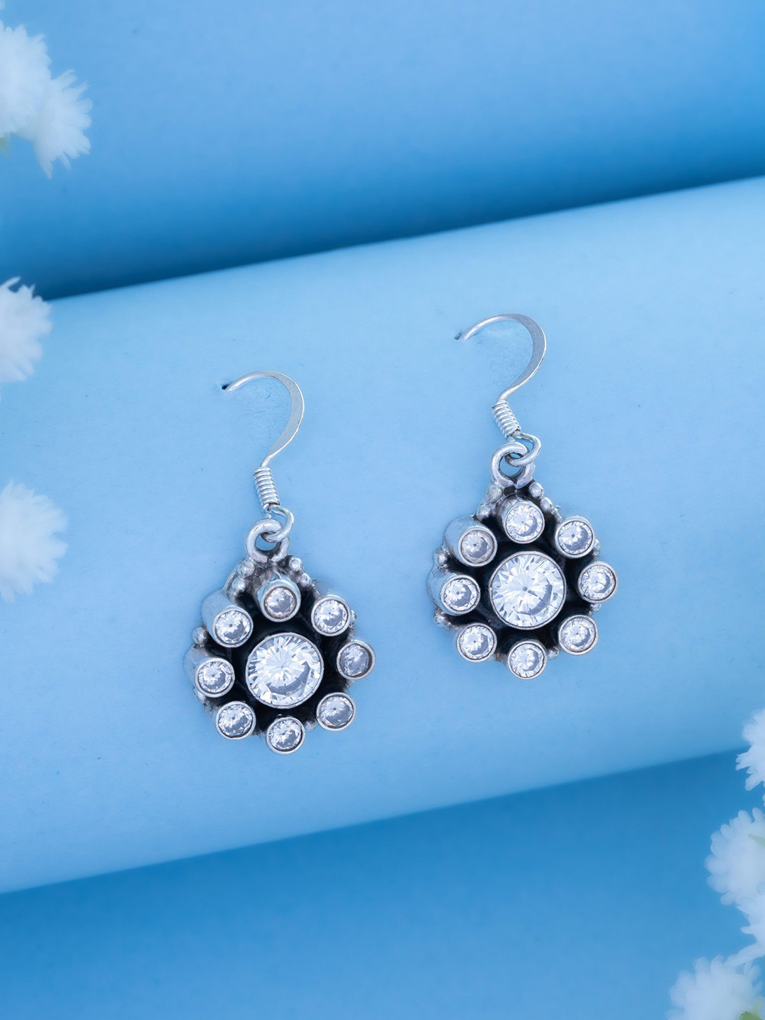 Dab 926 Sterling Silver Artificial Stones Studded Floral Shaped Drop Earrings