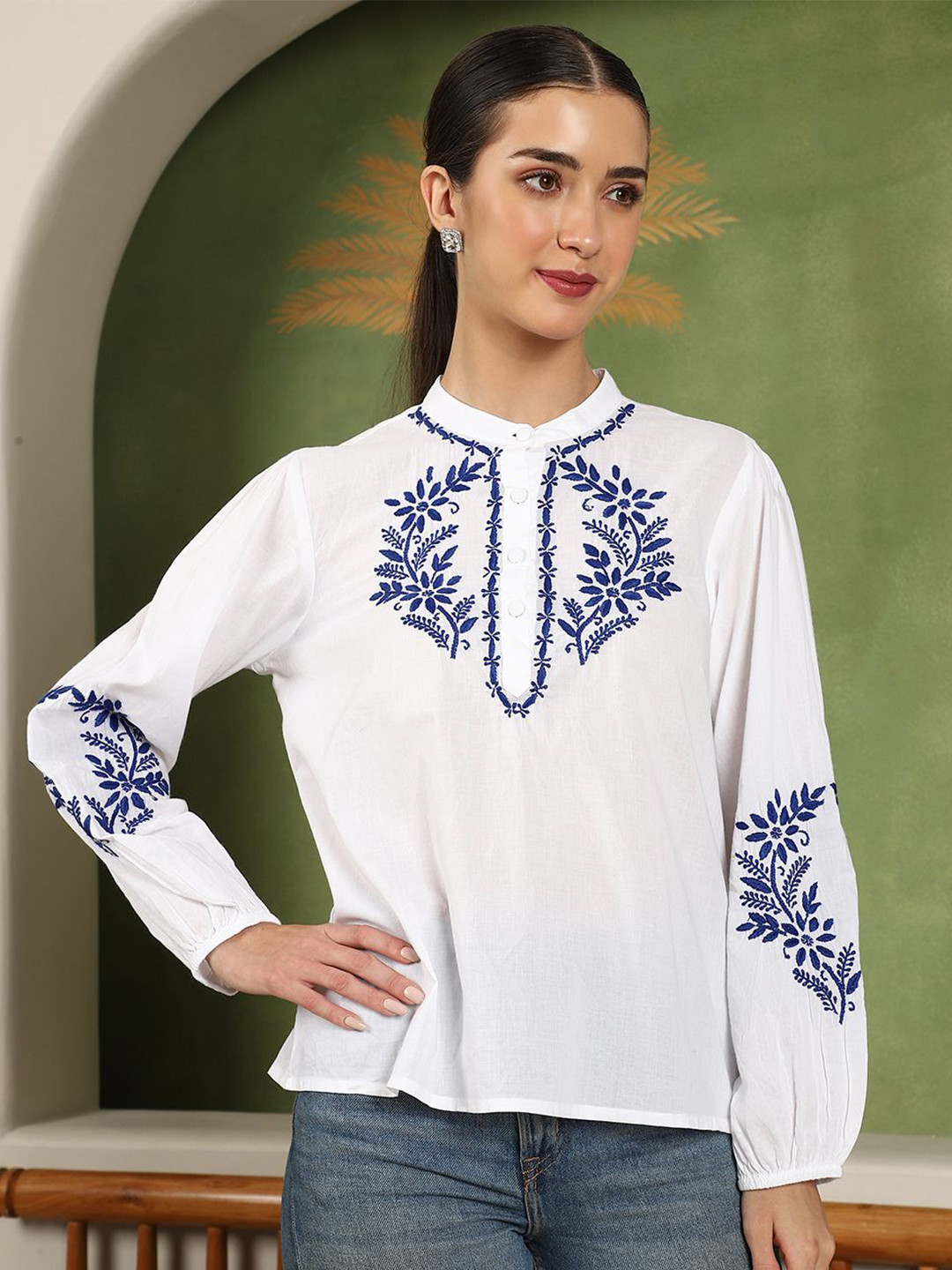 ILLICA Women Embroidered Puff Sleeves Cotton Regular Top